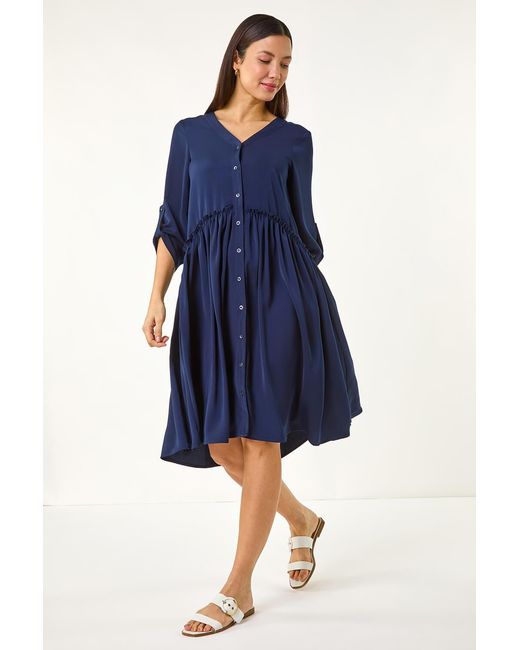 Roman Blue Satin Drop Waist Smock Dress