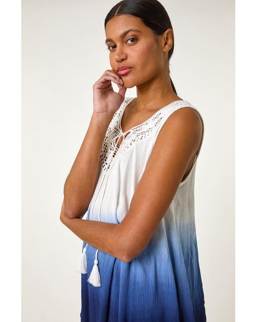 Roman Blue Cotton Lace Detail Ombre Vest Top