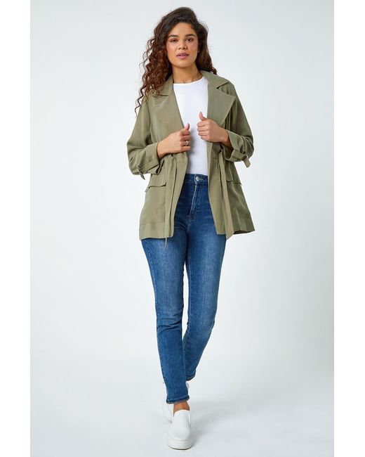 Roman Green Collared Tie Waist Cargo Jacket
