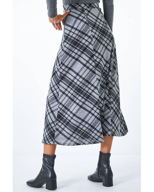 Roman Blue Elastic Waist Check Print Stretch Skirt