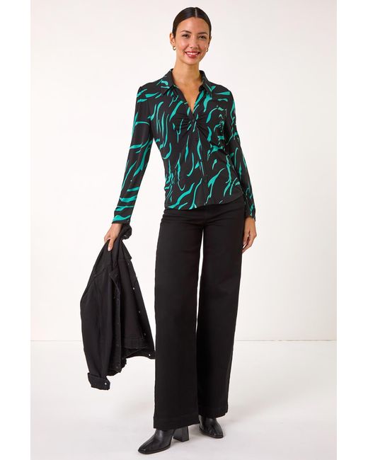 Roman Black Abstract Linear Print Stretch Blouse