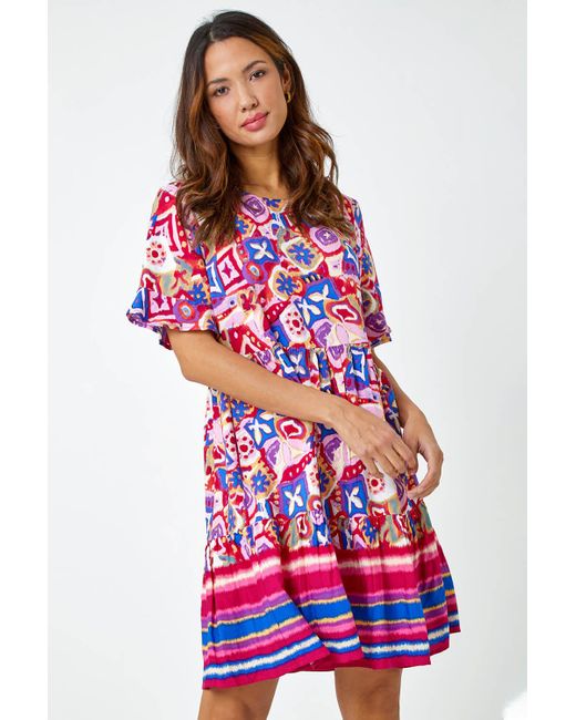 Roman Orange Printed Frill Sleeve Tiered Smock Dress