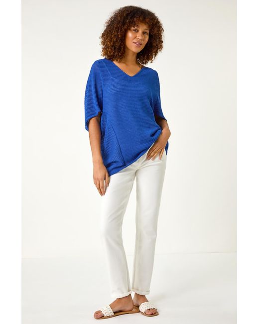 Roman Blue Textured V-Neck Cocoon Stretch Top