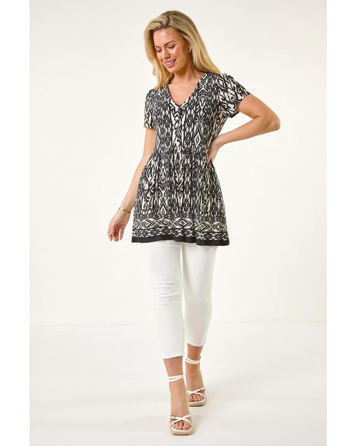 Roman Petite Black Aztec Print V-Neck Tunic Top