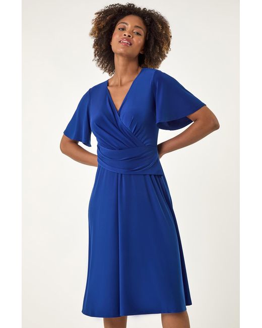 Roman Blue Wrap Over Stretch Dress