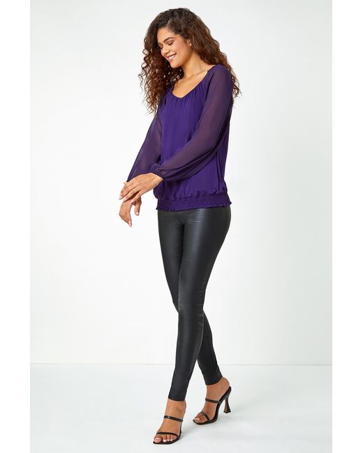 Roman Purple Chiffon Sleeve Bubble Hem Stretch Top