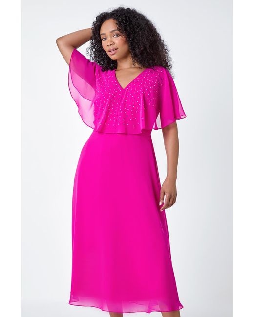 Roman Pink Petite Embellished Chiffon Midi Cape Dress