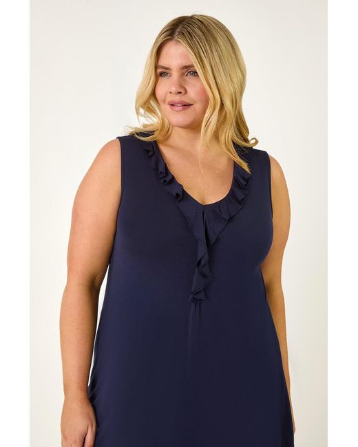 Roman Curve Blue Ruffle Neck Vest Top