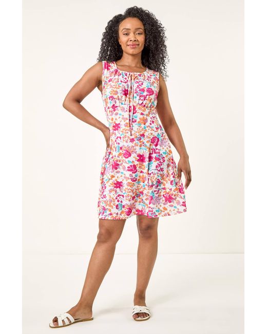 Roman Petite Red Floral Tie Front Stretch Dress