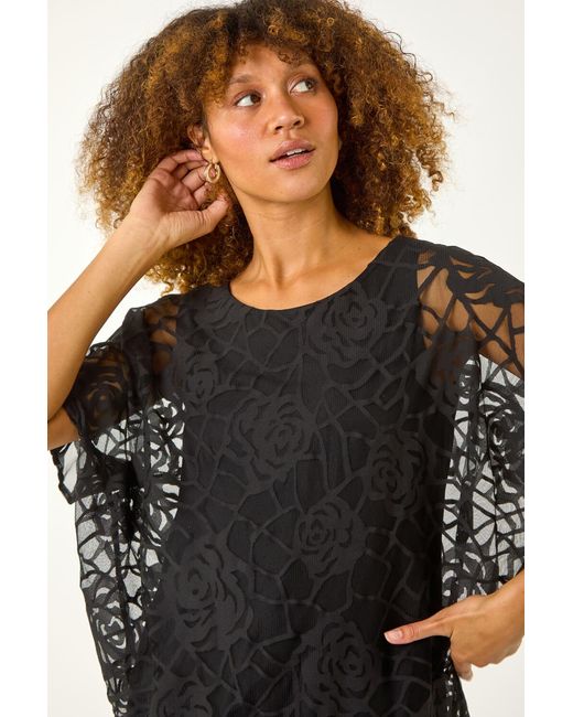 Roman Black Rose Print Burnout Mesh Top