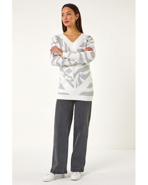 Roman White Abstract Jacquard Knit Jumper