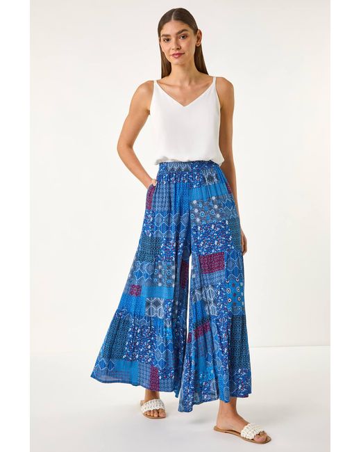 Roman Blue Tile Tiered Palazzo Trouser