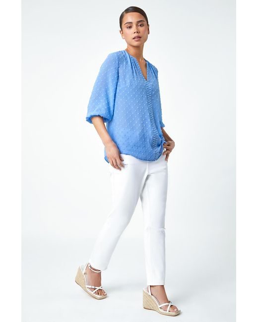 Roman Petite Blue Textured Spot Print V-Neck Top