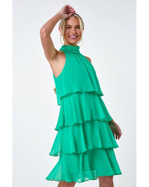 Roman Green Petite Tie Neck Tiered Dress