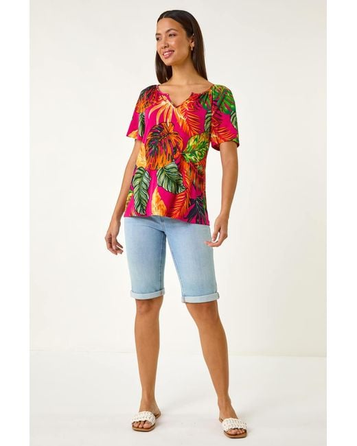 Roman Red Tropical Print Notch Neck Stretch Top