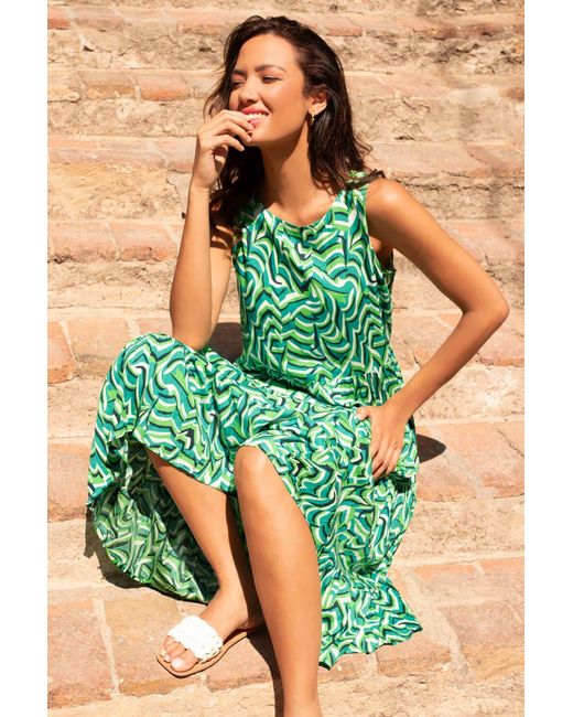 Roman Green Geometric Sleeveless Smock Dress