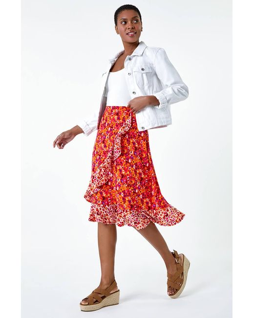 Roman Red Mixed Animal Print Frill Wrap Skirt