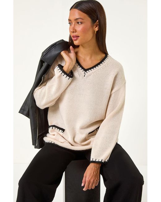 Roman Black Blanket Stitch V-Neck Knitted Jumper