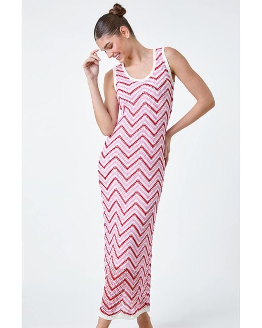 Roman Pink Zig Zag Crochet Knit Midi Dress
