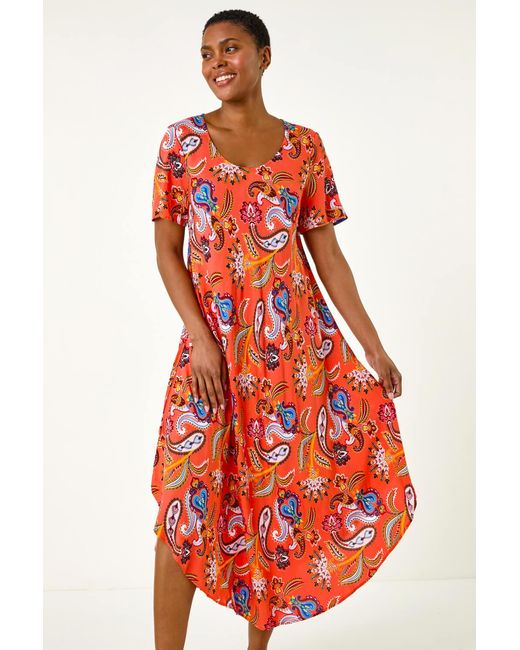 Roman Red Paisley Print Midi T-Shirt Dress