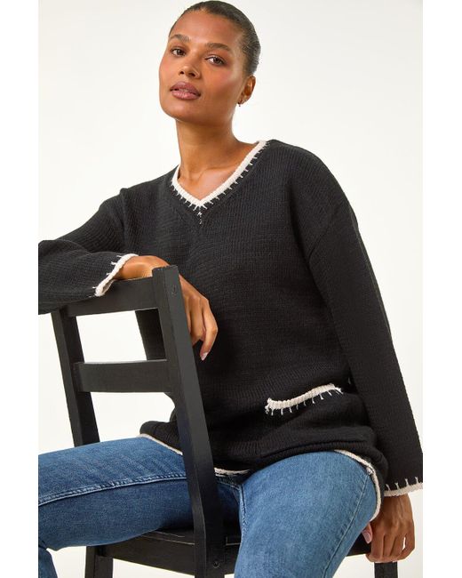 Roman Black Blanket Stitch V-Neck Knitted Jumper