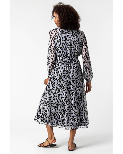 Roman Metallic Animal Print Belted Chiffon Midi Dress