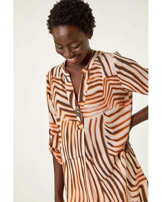 Roman Orange Abstract Linear Print V-Neck Button Top