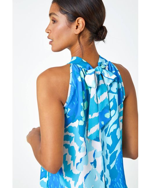 Roman Blue Animal Print Halterneck Tie Detail Top