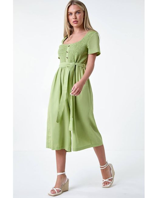 Roman Petite Green Shirred Button Detail Culotte Jumpsuit