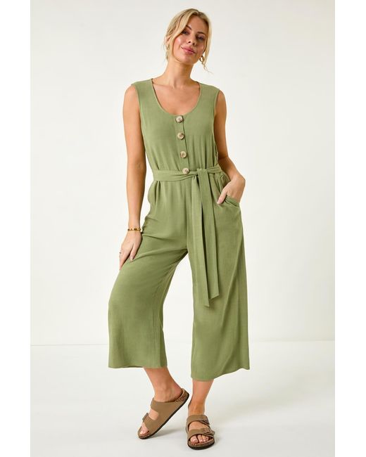 Roman Petite Green Linen Blend Button Front Jumpsuit