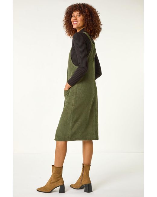 Roman Green Corduroy Pinafore Midi Dress