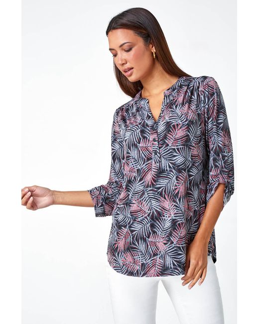 Roman Blue Leaf Print Stretch V-Neck Blouse