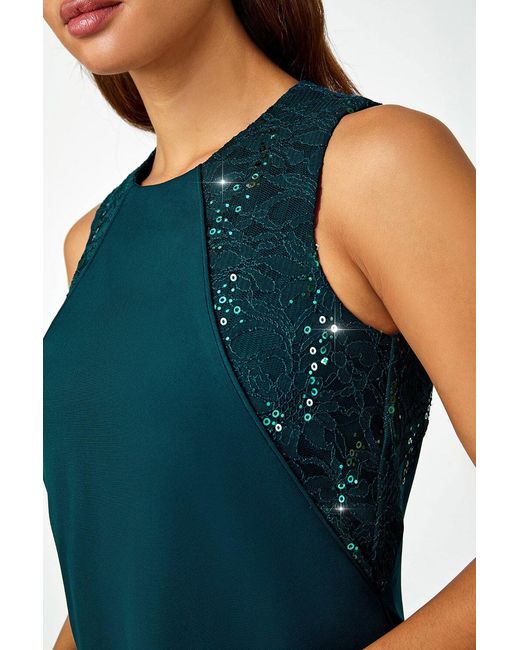 Roman Blue Sleeveless Sequin Trim Stretch Dress