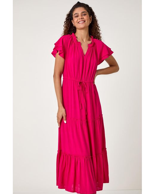 Roman Pink Frill Detail Tiered Midi Dress