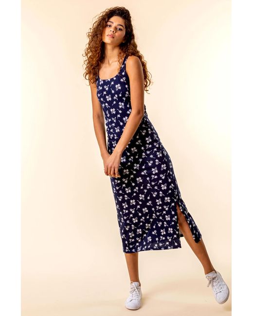 Roman Blue Palm Print Jersey Midi Dress