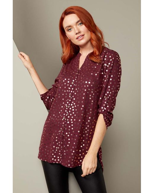 Roman Red Foil Spot Button Through Blouse