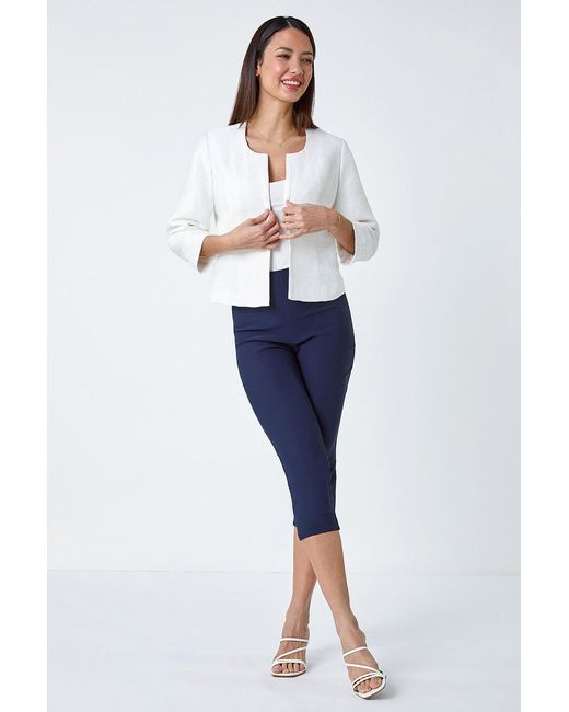 Roman White 3/4 Sleeve Pleated Textured Cropped Jacket