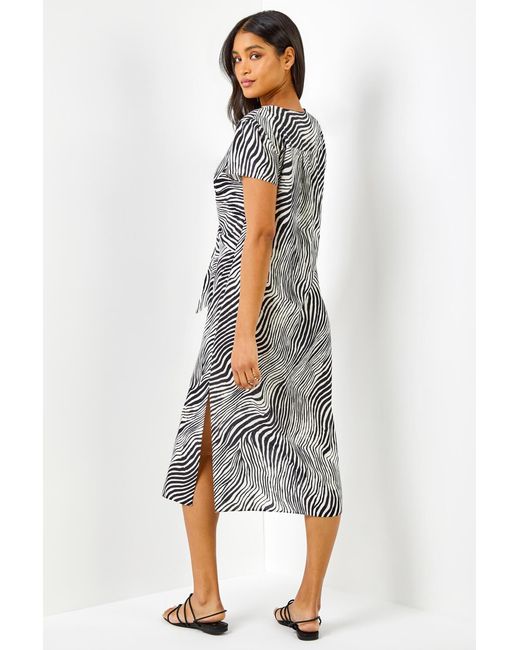 Roman Black Abstract Wave Print Tie Knot Detail Dress