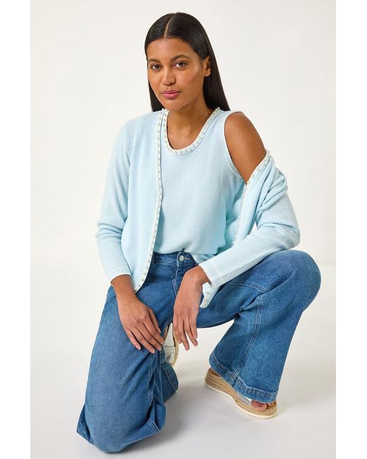 Roman Blue Faux Pearl Trim Cardigan