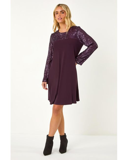 Roman Petite Purple Contrast Sequin Shift Stretch Dress