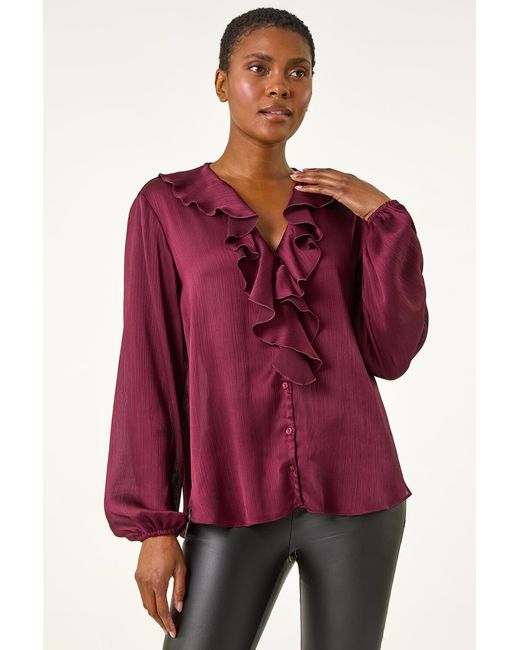 Roman Red Ruffle Front V-Neck Satin Blouse