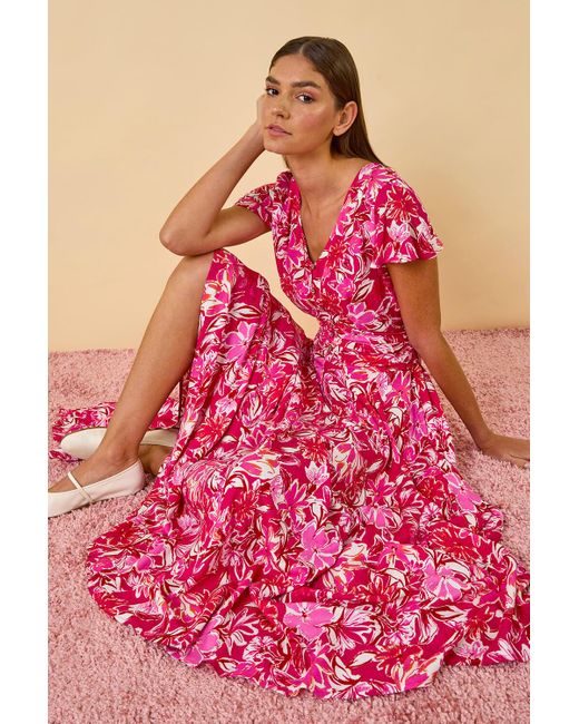 French Riviera Ruched Pink Floral U Neck Maxi Evening Gown