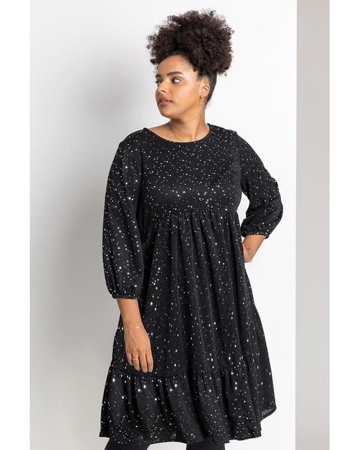 Roman Curve Metallic Shimmer Tiered Shift Dress