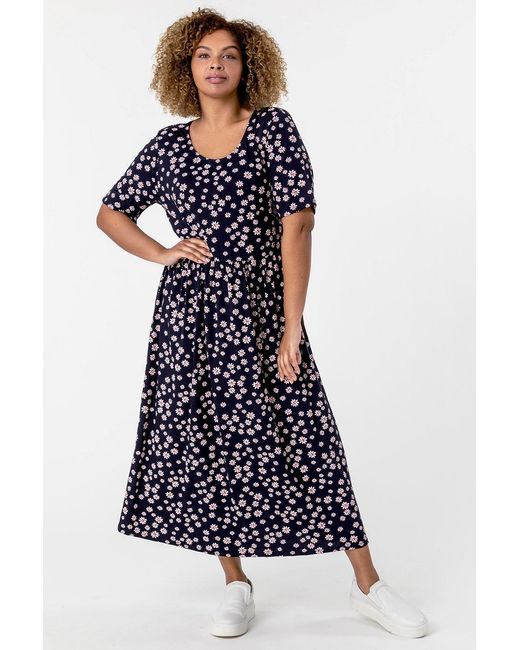 Roman Curve Blue Ditsy Floral Print Midi Dress