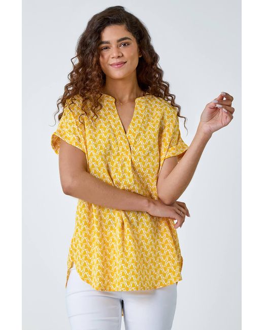 Roman Yellow Abstract Print Woven Pleat Front V-Neck Top