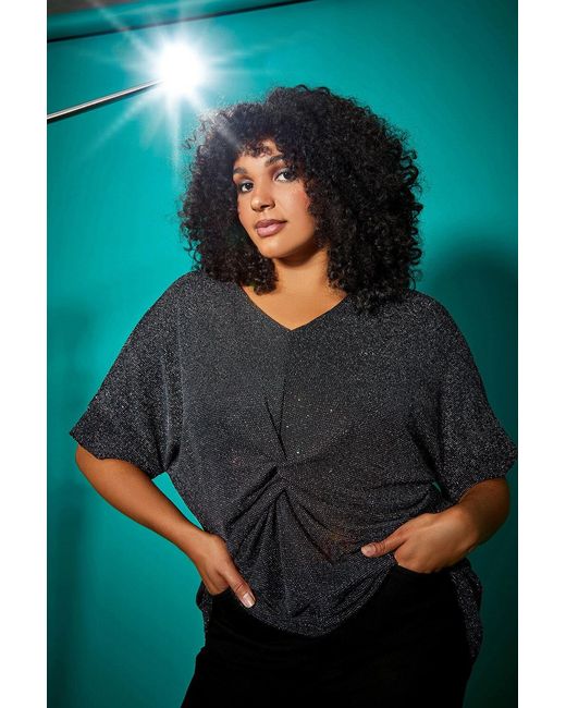 Roman Curve Metallic Twist Front Glitter Stretch Tunic Top