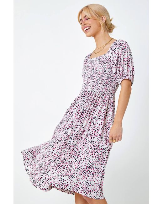 D.u.s.k Pink Ditsy Spot Print Shirred Dress