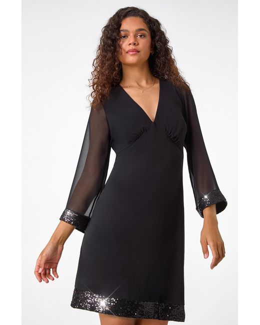 Roman Black Contrast Sequin Cuff Dress