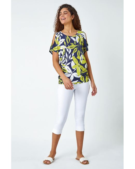 Roman Green Leaf Print Ruched Cold Shoulder Top