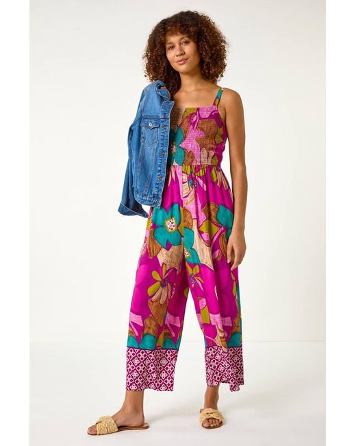 Roman Red Floral Border Ruched Jumpsuit